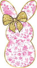 Pink Chinoiserie Bunny PNG, Sublimation Dtf Dtg Toile Floral Sketch, Gold Coquette Ribbon Bow, Trendy Printable Instant Digital Download