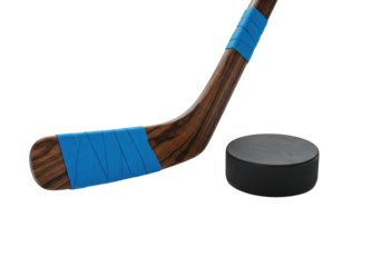 professional high-key studio product shot of a dark stained maple hockey stick with electric blue tape next to a matte crimson puck on an infinite white background, symbolizing intense winter