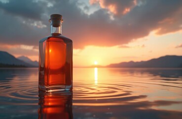 Brown liquid fills clear glass bottle near calm water body at sunset. Mountains in distance, sky clouds colorful, warm light reflects on surface.