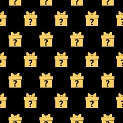 Naklejka premium Mystery Gift Box with question mark seamless pattern isolated on black background