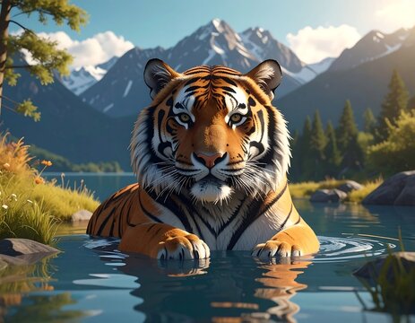 A majestic tiger cooly rests in a lake with mountain backdrop