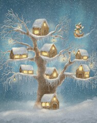 Illustration of Winter holidays in a gingerbread village with Santa, greeting card, wall decoration for a child's room
