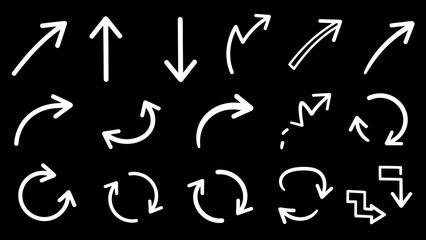 Collection of white handdrawn arrow graphics on a black background