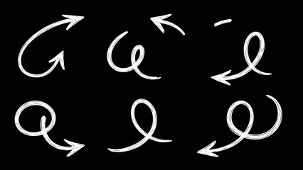 Six white handdrawn chalkstyle swirl arrows on a black background
