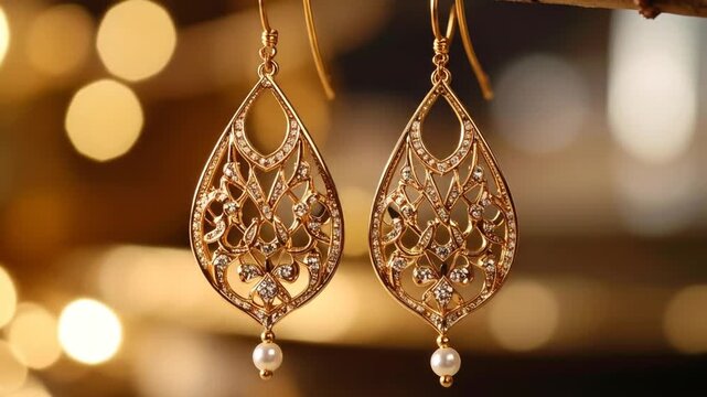 Golden dangle earrings with sparkle bokeh.