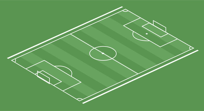 Isometric Soccer Field Vector &ndash; Minimal Line Art Football Pitch with Striped Grass and Clean Elevated Perspective for Sports Design and Tactical Illustration