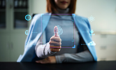 Woman using futuristic interface with smart tech and mobile to manage ESG, clean energy, and sustainability data.