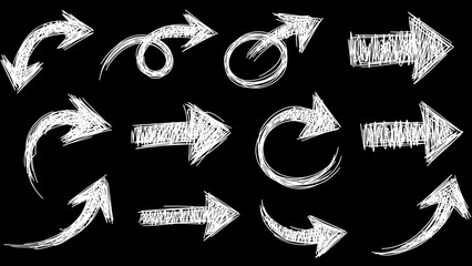 White handdrawn chalkstyle arrows displayed against a black background