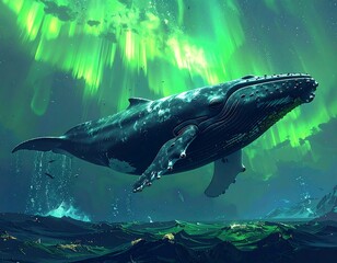 Surreal whale soaring in night sky under aurora borealis