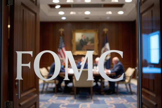 The word FOMC on a glass wall panel as members of the Federal Open Market Committee meets to decide on interest rates and monetary policy. Concept on FOMC meeting, federal funds rate direction.