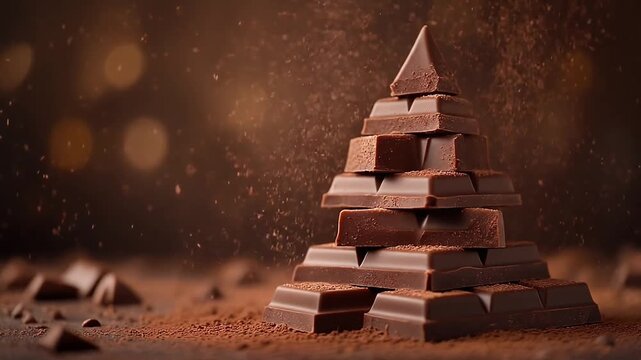 A pyramid of dark chocolate bars with cocoa powder and bokeh lights in a rich, warm setting. Christmas video background.