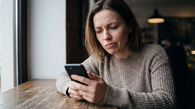 A woman sits in a cafe, gazing intently at her phone screen. Her brow furrows, suggesting she is confused or concerned by what she sees on her mobile device.