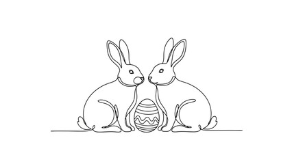 Fototapeta premium Continuous Drawing of Two Cute Rabbits with an Easter Egg, Easter Concept