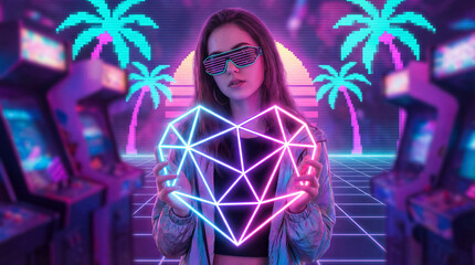 In a luminous, neon-lit Arcade, a young woman wearing stylish glasses cradles a brilliant geometric heart, surrounded by the glow of palm trees and vibrant machines.