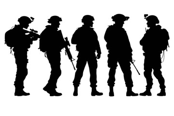 Obraz premium Silhouette of five soldiers in tactical gear with weapons