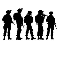 Obraz premium Silhouette of five soldiers in tactical gear with weapons