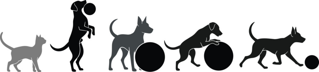 Animal silhouette sequence showing playful interaction with ball, featuring dog and cat motion, behavior, and pet activity for design themes