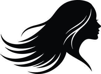 Elegant female profile silhouette with flowing hair design, perfect for beauty, fashion, haircare branding, logo, and minimalist art themes