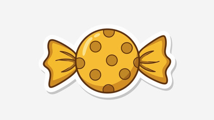 Sweet Yellow Candy Wrapped with Brown Polka Dots, Vector Illustration Sticker Style