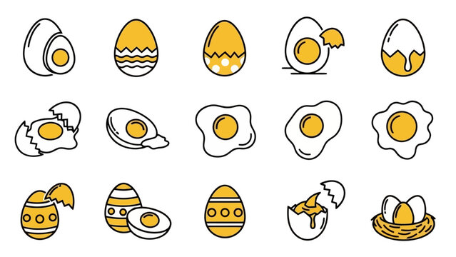 Collection of cartoon style egg icons with yellow yolks and white shells