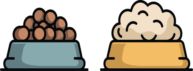 Set of two pet food bowls, one with dry kibble, one with wet food, cartoon vector illustration