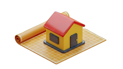 3D House Model on Blueprint: Architectural Planning Concept