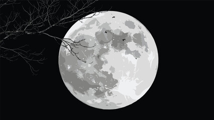 Silhouette of Birds Flying Across Full Moon with Tree Branches in Night Sky Representing Nature, Mystery, and Celestial Contrast Scene