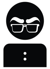 Stylized Person Icon with Eyeglasses and Thought Bubbles