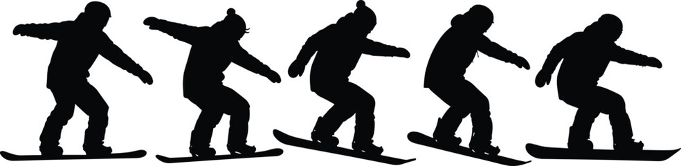 Silhouettes of snowboarder performing aerial trick sequence, showcasing winter sports motion, freestyle technique, and dynamic snowboarding action in cold terrain