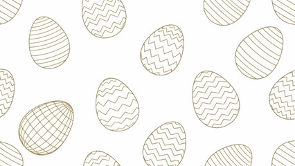 Seamless Pattern of Golden Outline Easter Eggs on White Background