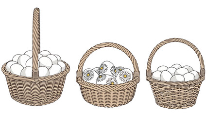 Set of Three Wicker Baskets Filled with White Easter Eggs, Some Decorated