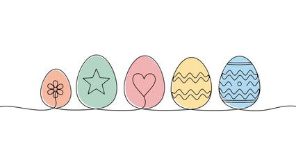 Continuous Drawing of Five Colorful Easter Eggs with Simple Decorations