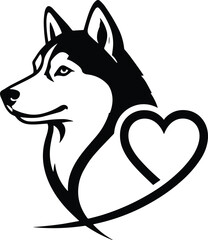 Stylized husky dog head silhouette with heart shape, perfect for pet love, animal care, logo, tattoo, and vector themes