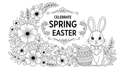 Happy Spring Easter Coloring Page Bunny Rabbit with Egg and Flowers Illustration © Adit