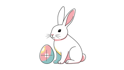 Cute White Easter Bunny Sitting Next to a Decorated Egg, Minimalist Vector Illustration