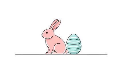 Cute Pink Easter Bunny Sitting Next to a Blue Striped Egg on a White Background