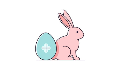 Cute Pink Easter Bunny Sitting Beside a Light Blue Egg with a Plus Sign