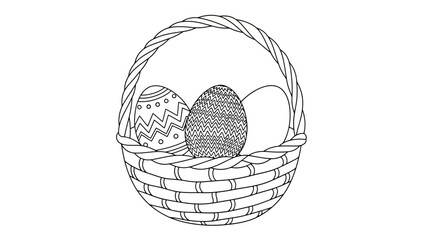Black and White Easter Basket Filled with Decorated Eggs - Art Illustration