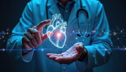 Doctor holds glowing human heart with futuristic network lines. Medical pro examines organ, shows cardiology care. Health tech innovation for heart wellness. Cardiology science research.