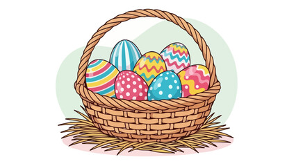 Woven Easter Basket Filled with Decorated Colorful Eggs on Straw, Festive Spring Holiday Design
