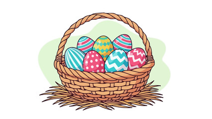 Whimsical Easter Basket Overflowing with Vibrant, Patterned Eggs on Hay Bed