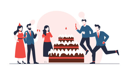 Friends or colleagues celebrating a joyous event with a tiered cake and party accessories in a vibrant flat illustration