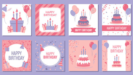 Vibrant illustrated birthday celebration graphics set, showcasing festive cakes, gifts, and balloons for joyful designs.