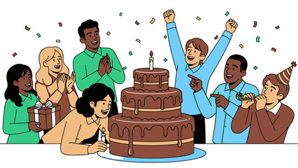 Joyful Celebration: Diverse Group of Friends Enjoying a Lively Birthday Party with a Big Chocolate Cake
