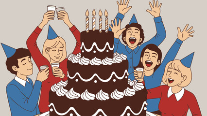 Happy friends in party hats celebrating a special occasion with a towering chocolate cake and drinks, festive vector illustration.