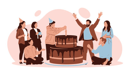 Joyful Group of Friends Celebrating a Birthday Party with a Large Chocolate Cake and Candles