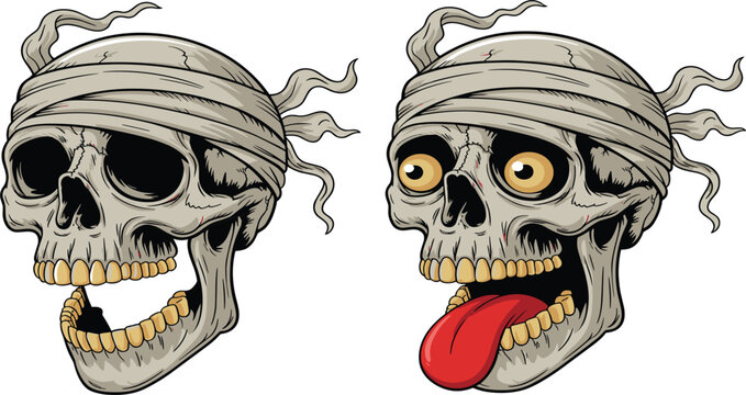 Two cartoon mummy skulls wrapped in bandages, scary Halloween character, screaming face vector illustration