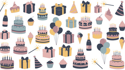 Colorful Birthday Celebration Design Pattern with Cakes, Gift Boxes, Balloons, and Party Accessories.