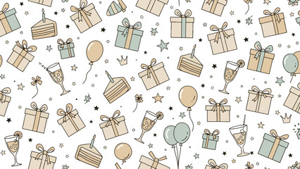 Joyful Celebration Seamless Pattern with Birthday Gifts, Cake Slices, Balloons, and Champagne Drinks