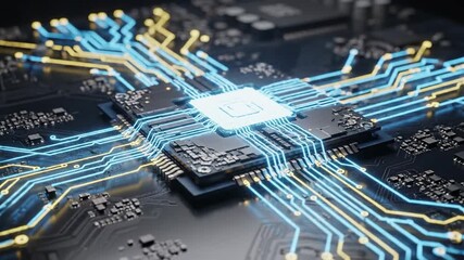 AI chip connection visualized with glowing circuit lines linking to a central processor, creating a high-tech futuristic 4K technology scene emphasizing innovation, data flow, and advanced digital - Powered by Adobe